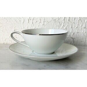 Vintage Noritake Colony China Japan Flat Cup & Saucer Set White Platinum Trim